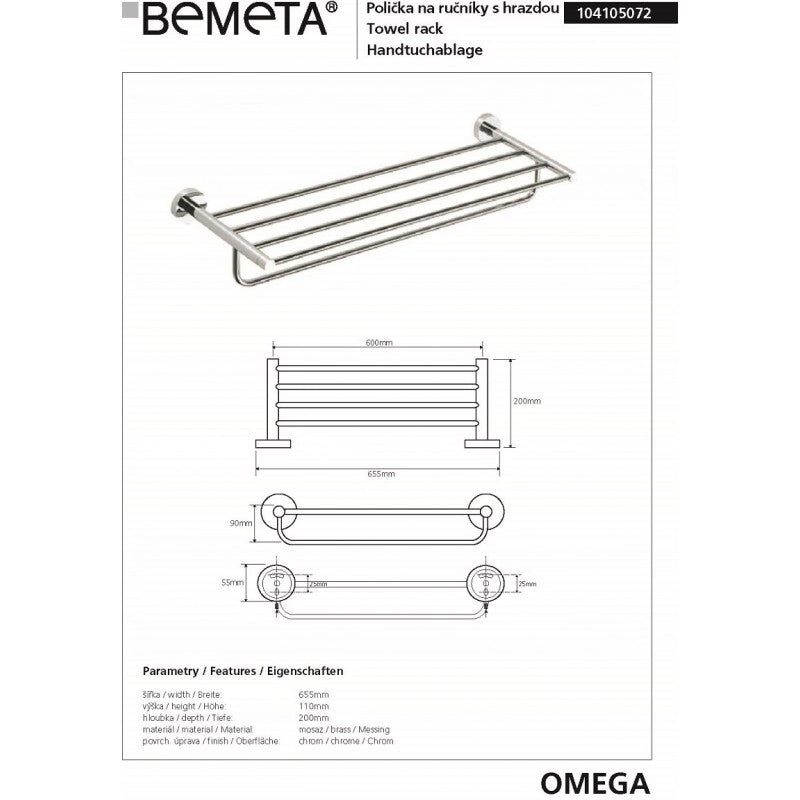Mensola, mensola con portasciugamani OMEGA ottone cromato 65,5x11x20cm