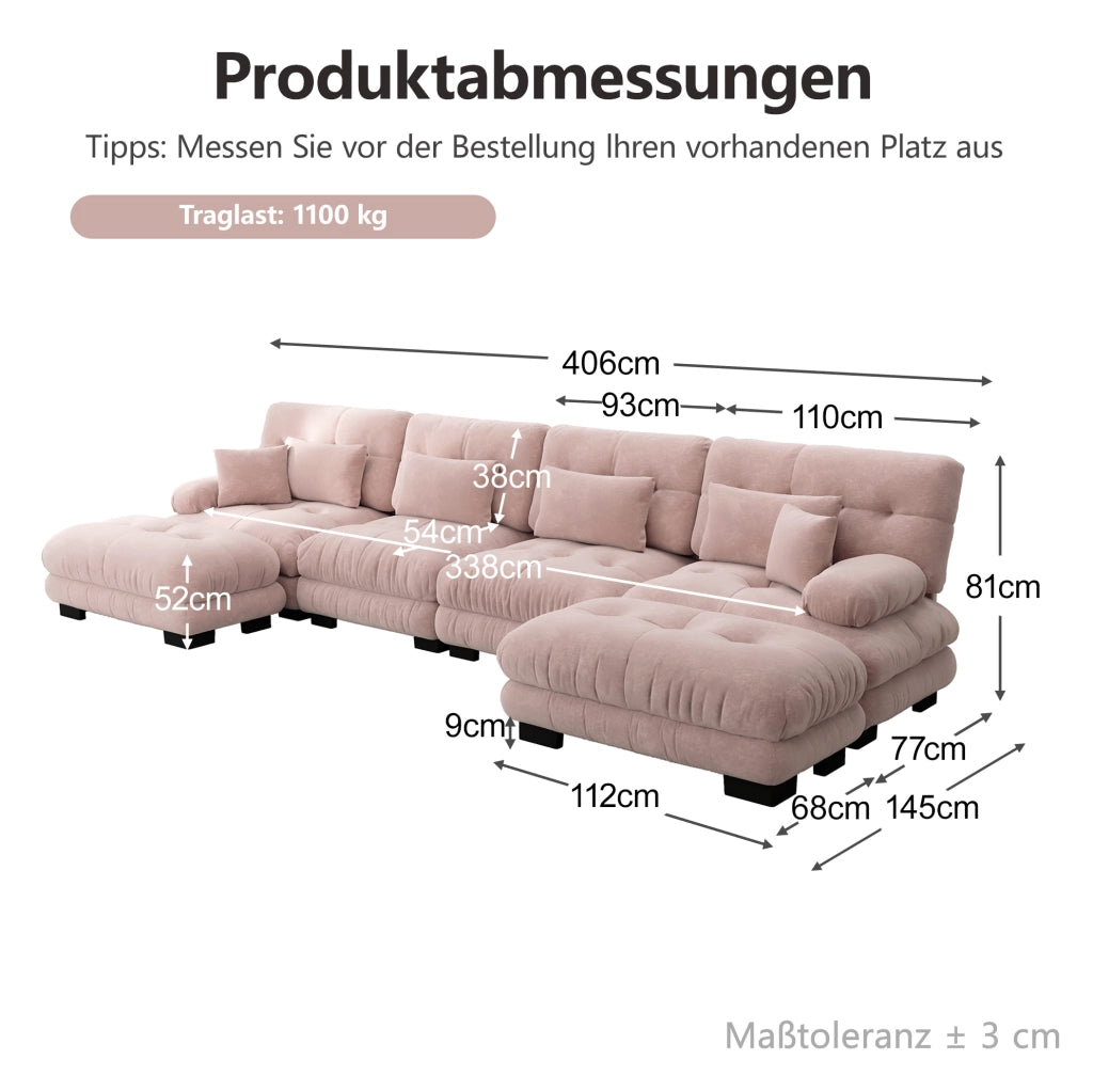 Divano modulare 4 posti con pouf mobili 406x145x81 cm in ciniglia rosa