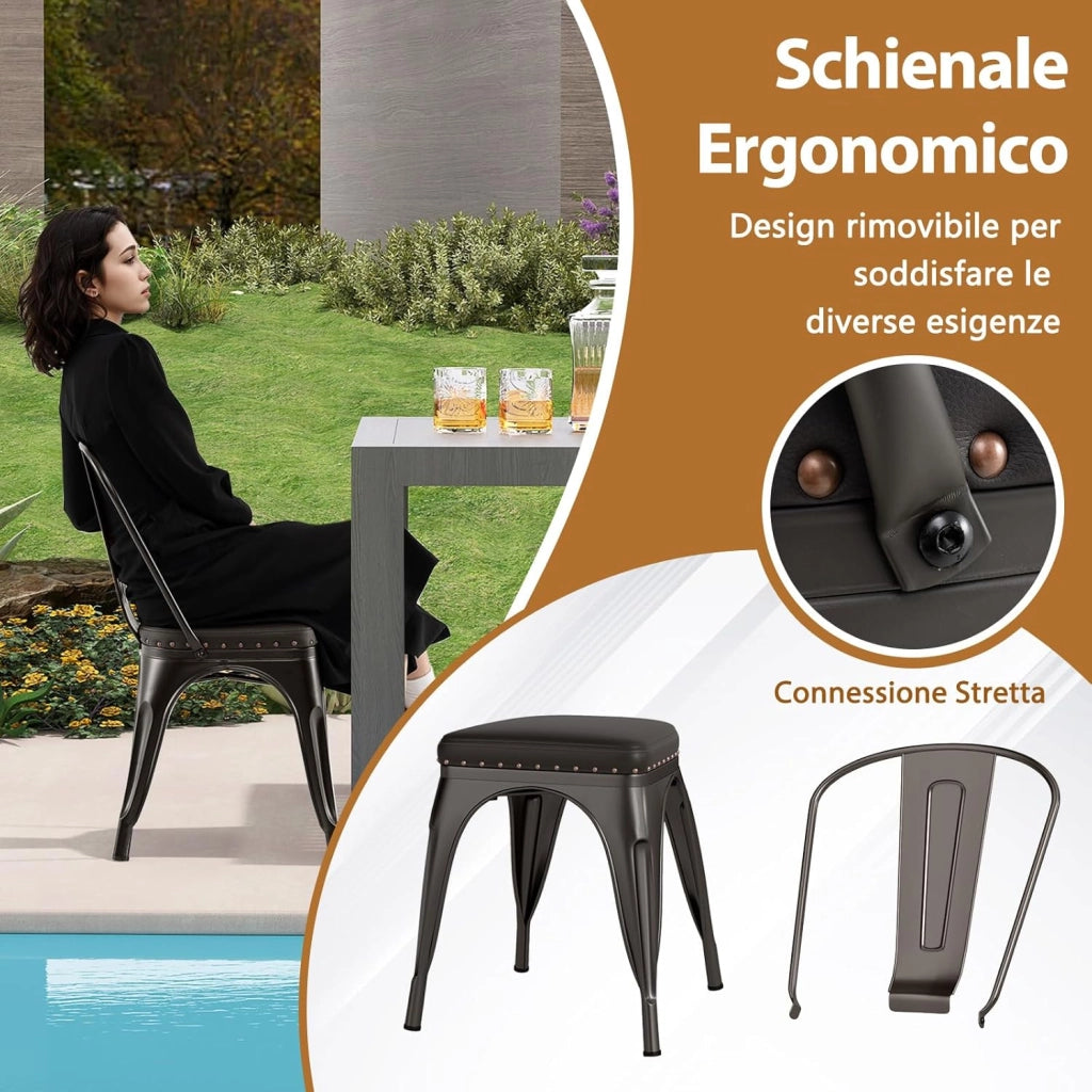 4 Sgabelli Cucina 53 x 44 x 84 cm, Sedie Impilabili con Schienali Rimovibili e Sedile Imbottito in Finta Pelle, Sgabelli in Metallo per Ristorante, Bistro e Bar (Colore Ruggine)