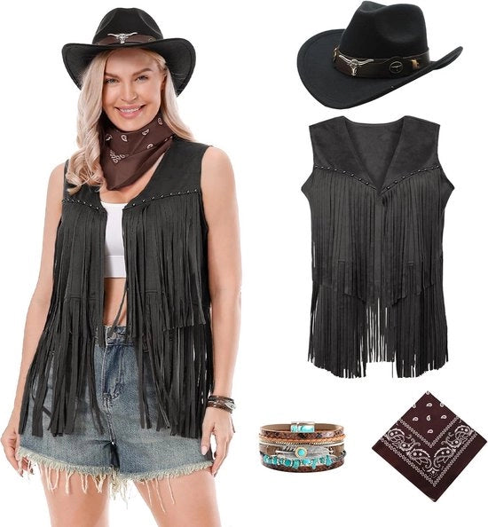 Abbigliamento da cowboy per donne, giacca, gonna, cappello, bandana e bracciale.