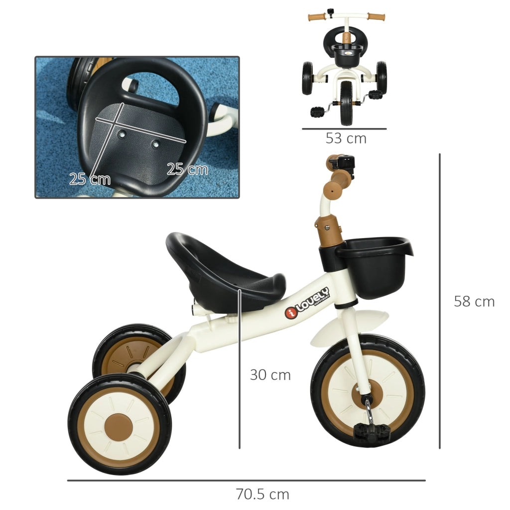 Triciclo per Bambini da 2-5 Anni con Seduta Regolabile e Campanello, 70.5x50x58cm, Bianco