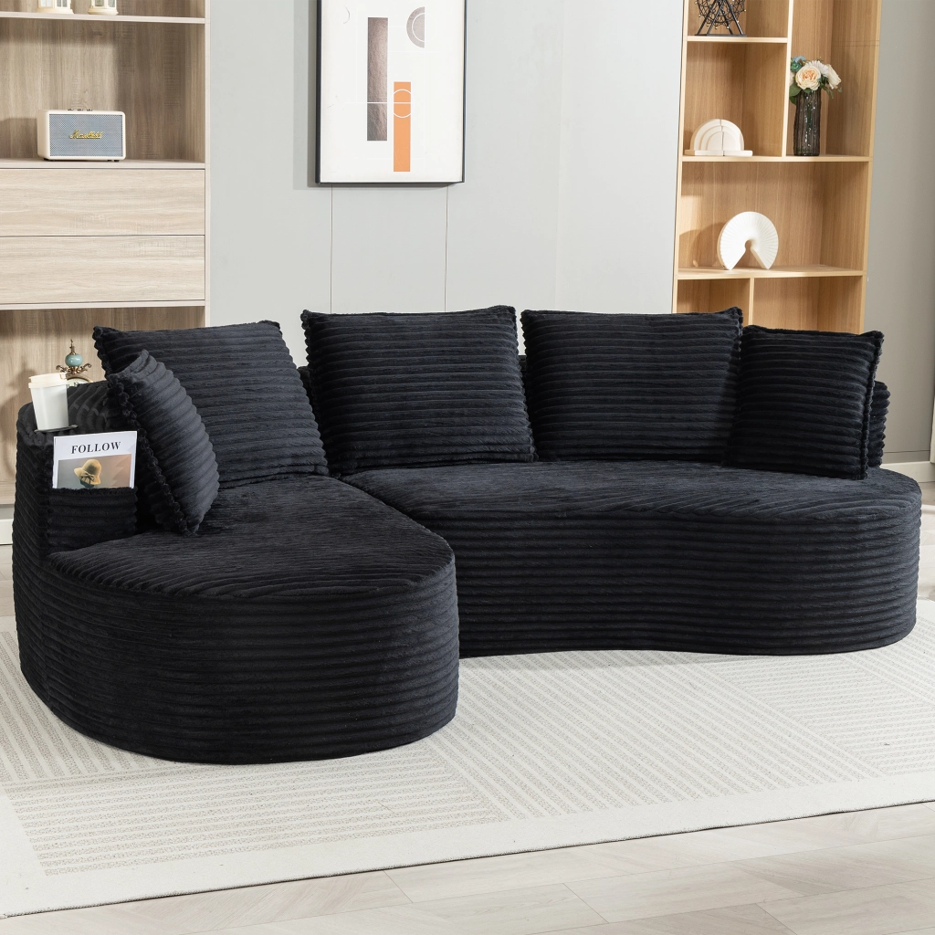 Divano curvo con portabicchieri e tasche laterali, cuscino, in velluto a coste nero 250 × 152 × 82 cm
