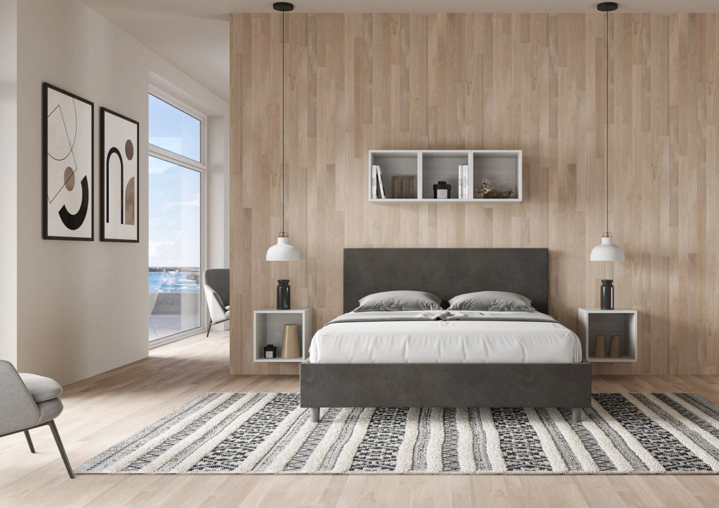 BS COM Letto matrimoniale contenitore doppia alzata imbottito 160x210 microfibra grigio