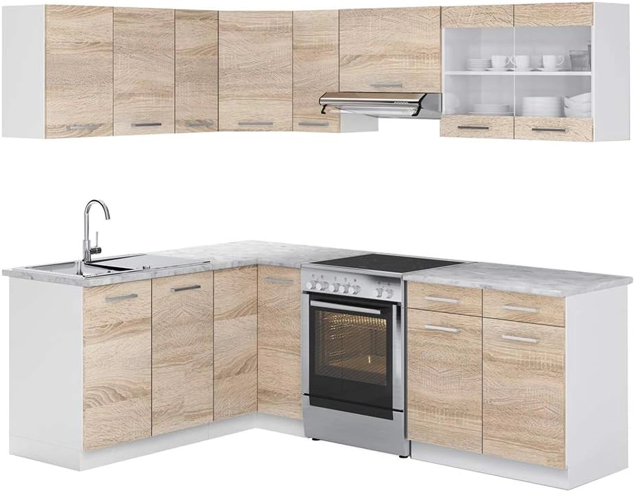 Cucina ad angolo Rick, Bianco/Sonoma, 230 x 60 cm, PL Marmo, con moduli regolabili e piedini ad altezza variabile