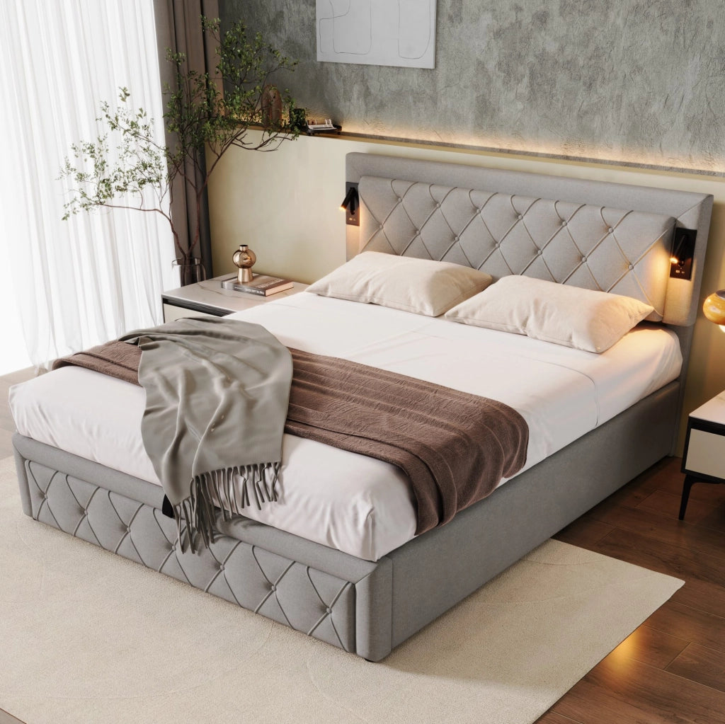 Letto matrimoniale imbottito con contenitore, illuminazione e prese USB grigio