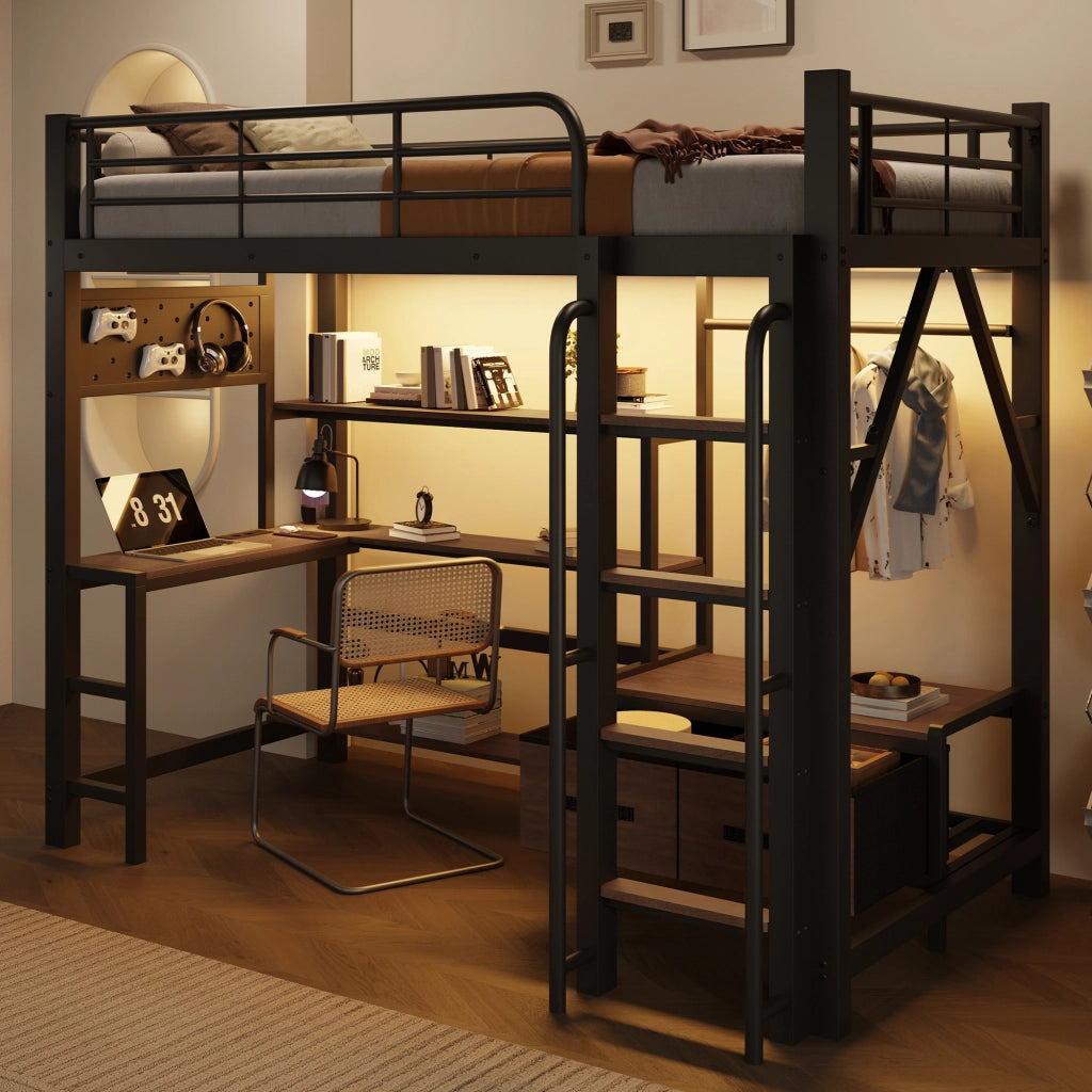 Letto a soppalco in metallo 90x200 cm con scrivania; vani; USB; barra appendiabiti; LED e parapetto; nero