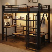 Letto a soppalco in metallo 90x200 cm con scrivania; vani; USB; barra appendiabiti; LED e parapetto; nero