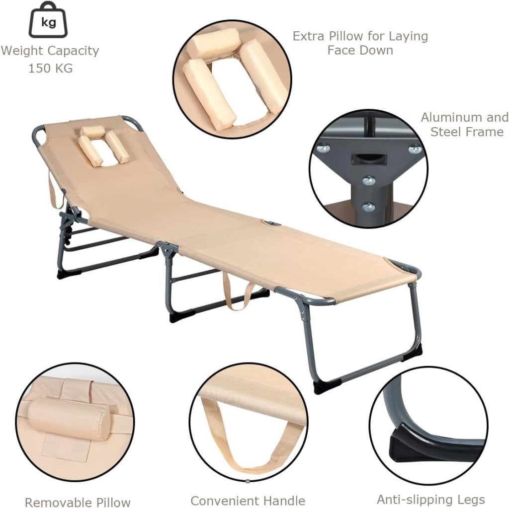Lettino prendisole con Schienale Regolabile, Foro per Viso e Cuscino, Sedia Sdraio Pieghevole e Leggero in Tessuto Oxford, Sedia da Spiaggia per Giardino, Piscina, 194 x 60 x 36 cm, Beige