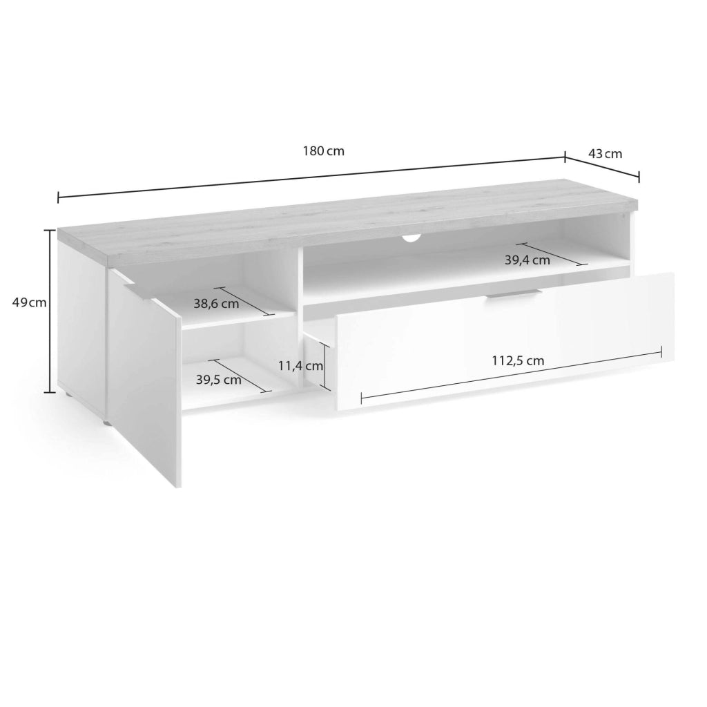 Manama, Mobile Porta tv un Cassetto Made in Italy, 180x48x43h cm Bianco Lucido