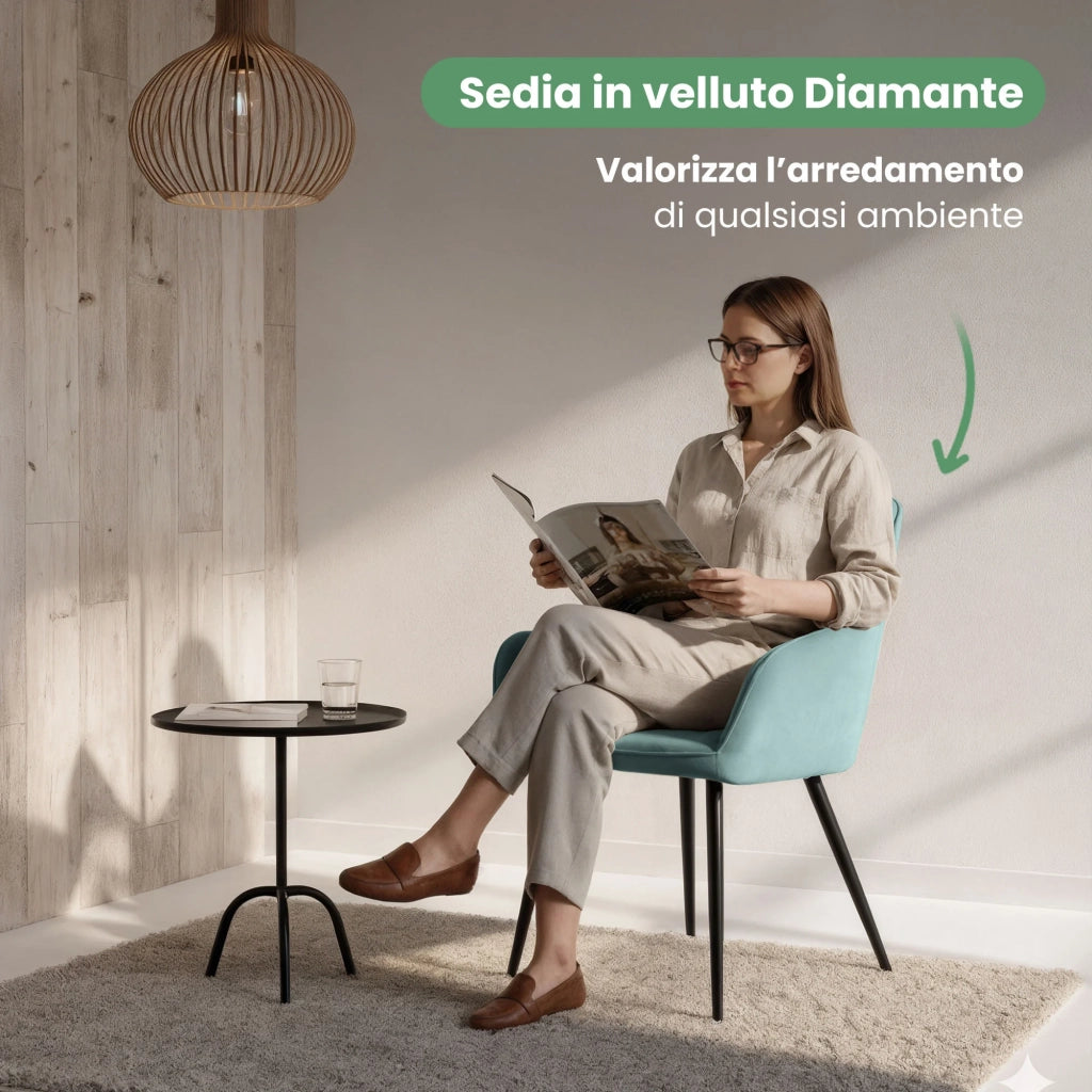 Set di 2 Sedie in velluto trapuntato DIAMANTE Turchese gambe nere