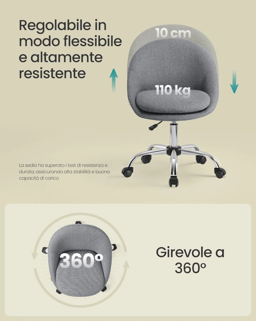 SONGMICS Sedia da Studio, Sedia Girevole di Cotone-lino, Poltrona da Scrivania Imbottita in Gommapiuma Regolabile in Altezza, Studio, Camera da Letto, Grigio Ardesia OBG020G05
