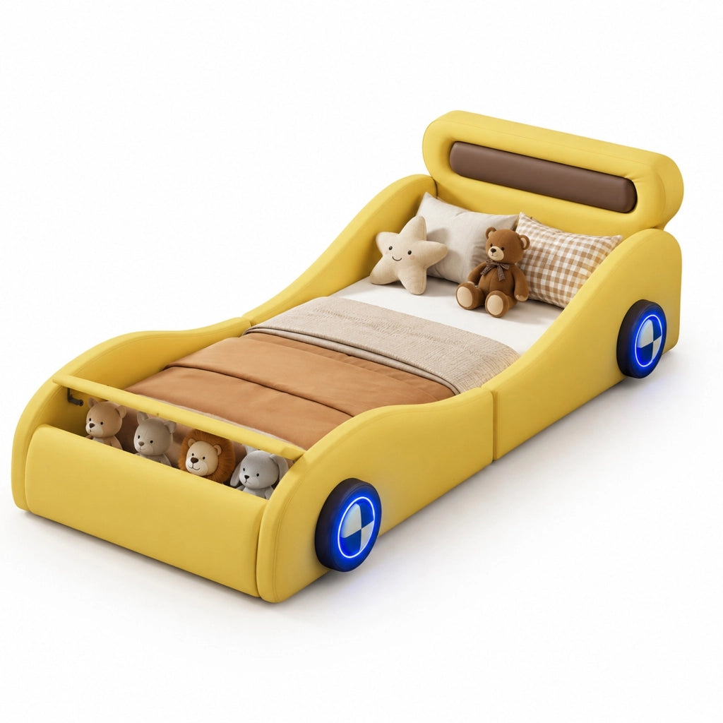 Letto auto imbottito 90x200 cm con ruote luminose e vano contenitore