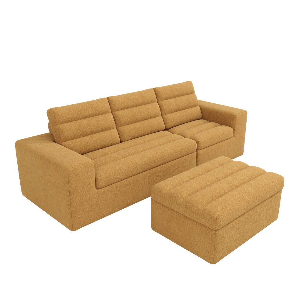 Divano angolare modulare a L in chenille arancione con pouf, 253x161x89 cm