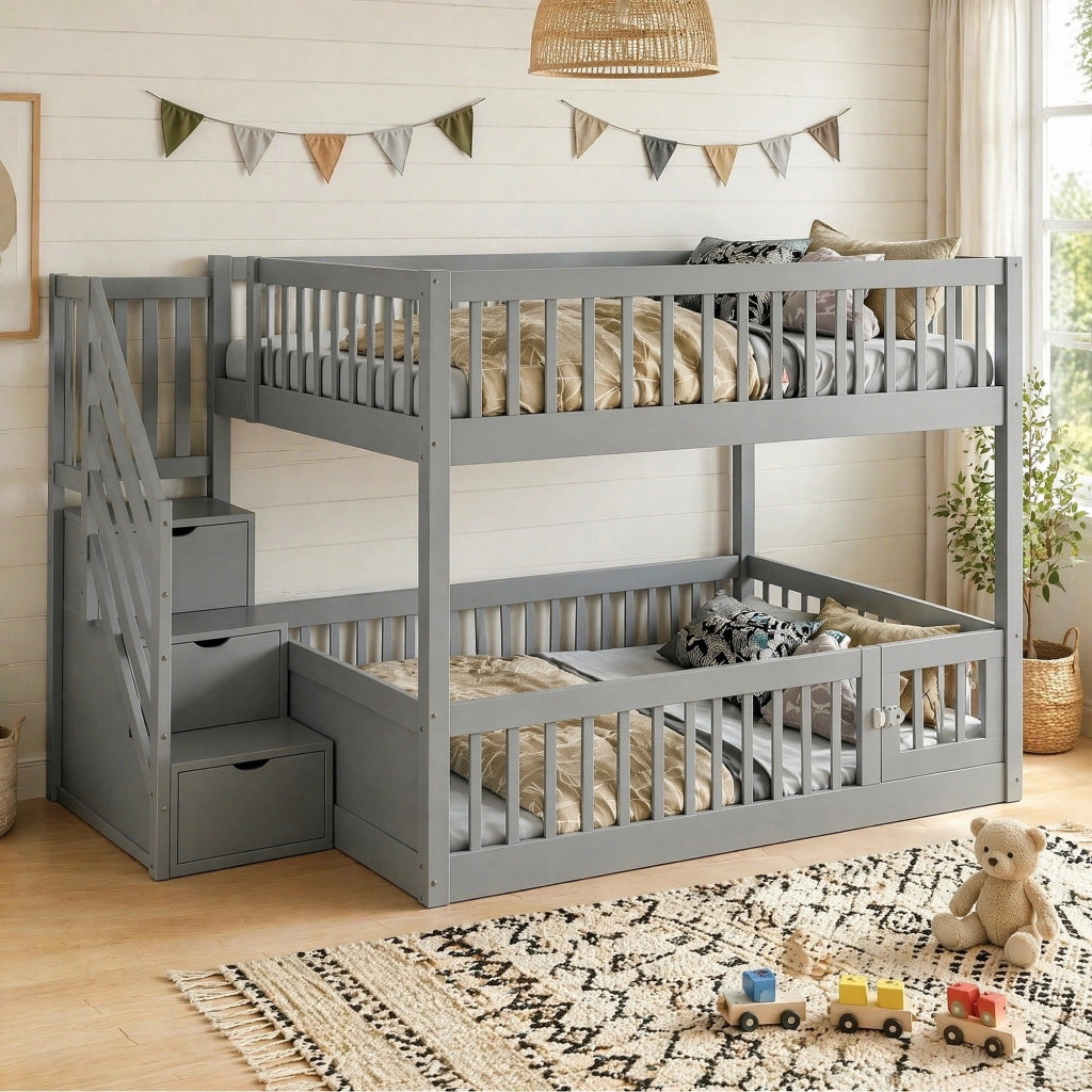 Letto a castello 140x200 cm in legno grigio con scala contenitore