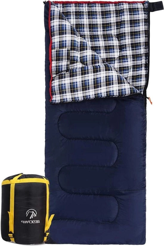Sacco a piuma in cotone XL per adulti - Caldo e confortevole - Sacco a pelo compatto per 3-4 stagioni - Blu - Campeggio estivo invernale pesca - 5 kg di imbottitura