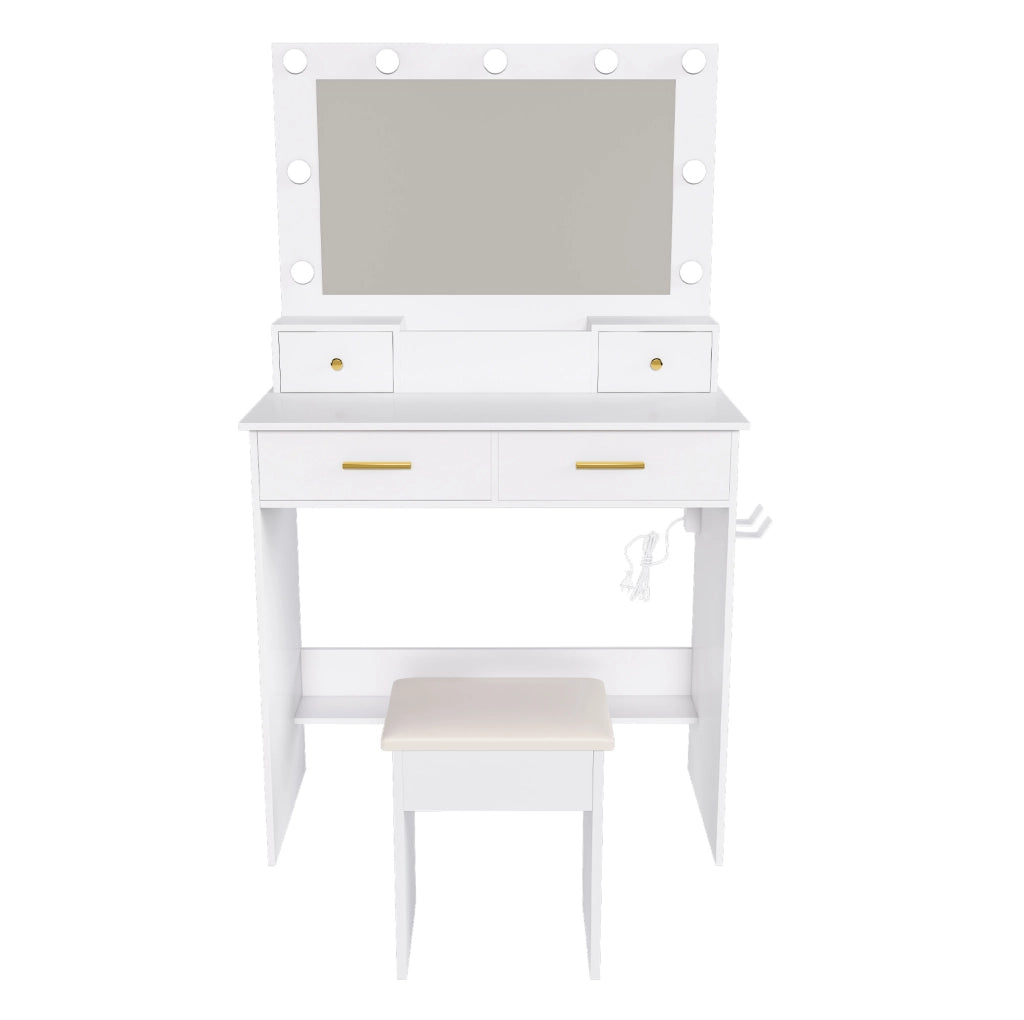 Tavolo da trucco con specchio LED a 3 tonalità; presa elettrica e sgabello imbottito; bianco
