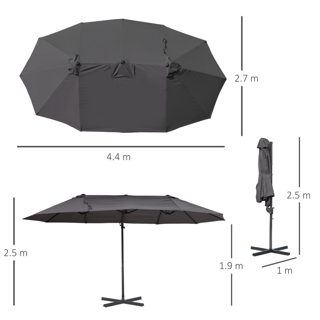 Doppio parasole a sbalzo regolabile con manovella 440 x 270 x 250 cm protezione solare struttura metallica colore grigio scuro per giardino