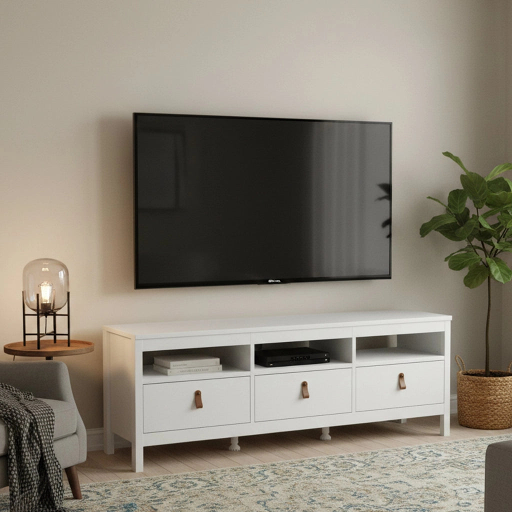 Mobile porta TV Astana, Credenza da soggiorno, Armadio basso per TV, Base parete attrezzata, 151x38 h54 cm, Bianco