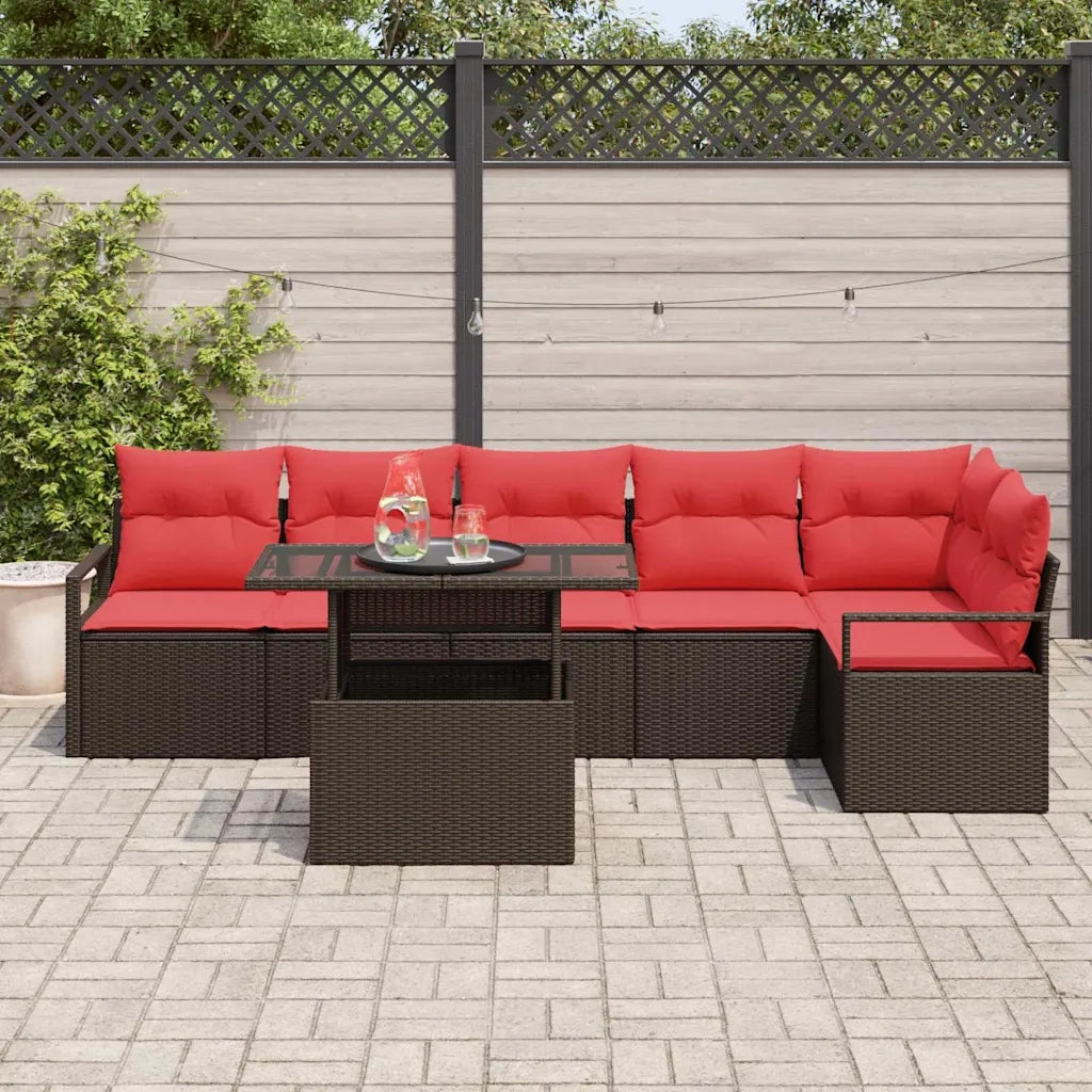 Set Divano da Giardino 7 pcs Marrone e Rosso polyrattan