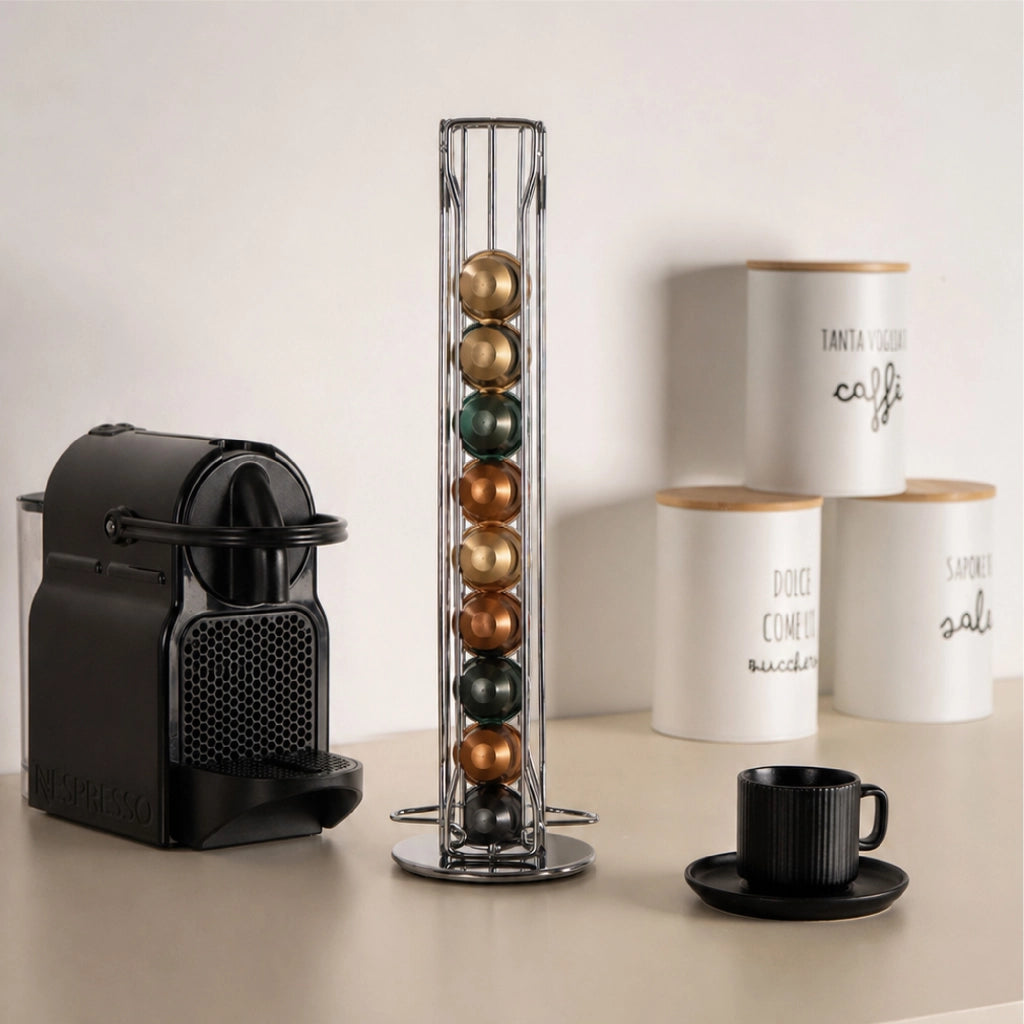 Porta Capsule Caffè in Metallo – Supporto Cialde Verticale Salvaspazio (20/30/36/40/52 Capsule) Organizzatore Caffè – Design Moderno e Girevole – Compatibile Tipo Nespresso CesiraGirevole-40Capsule