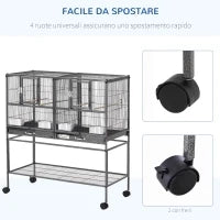 Doppia Gabbia per Uccelli in Metallo di Alta Qualità con Vassoi Estraibili, Supporto Stabile con 4 Ruote e Ripiano, 95x45.5x102cm, Nero Grigio