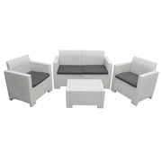 Set Salotto da Giardino Divano 2 Poltrone e Tavolino con Cuscini in Plastica Bianco