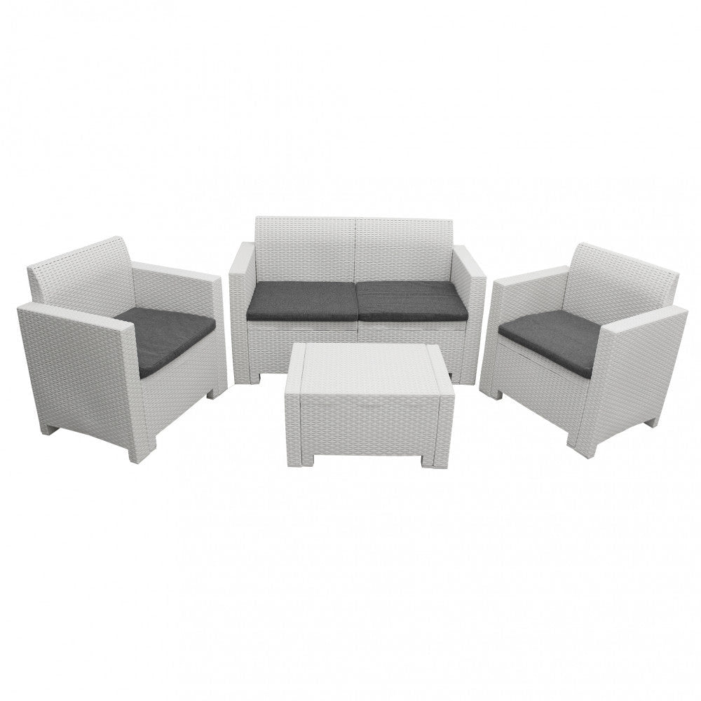 Set Salotto da Giardino Divano 2 Poltrone e Tavolino con Cuscini in Plastica Bianco