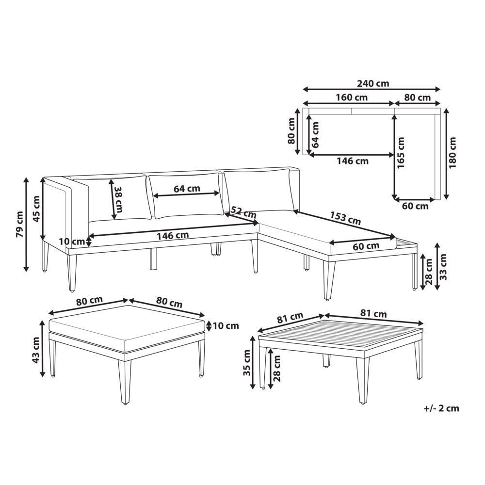 Set da giardino a 3 posti in legno di acacia certificato divano angolare con tavolino e pouf cuscini beige chiaro a sinistra