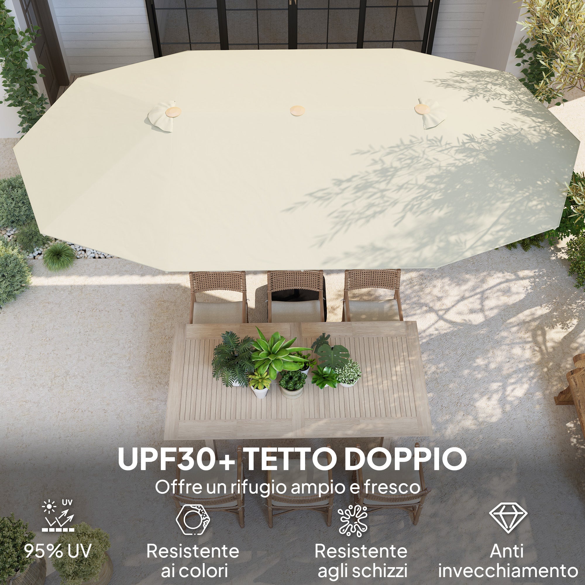 Ombrellone Doppio 455x265x238 cm in Acciaio Inox e Poliestere Beige