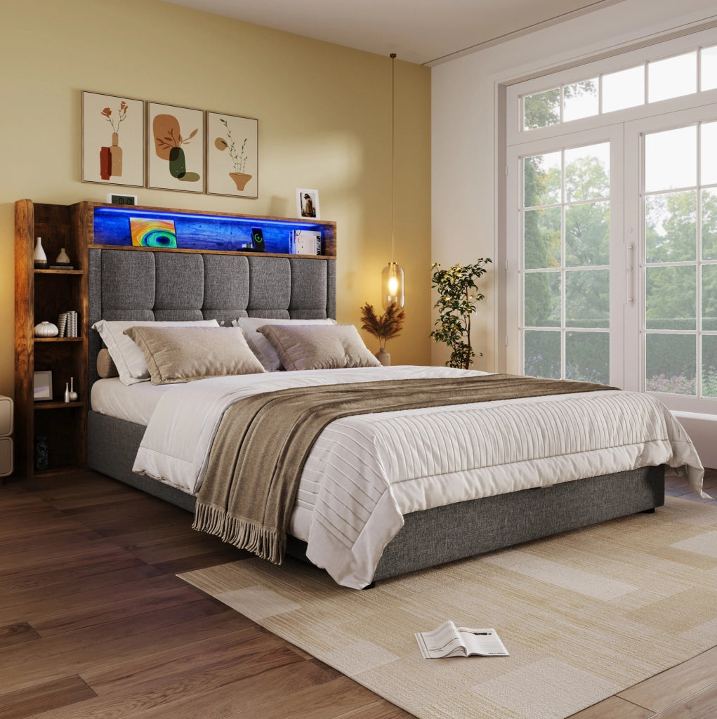 Letto imbottito 90x200 cm con USB; LED e contenitore in lino e MDF grigio