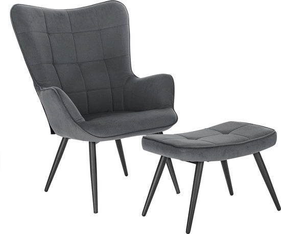 Fauteuil con Hocker - Set di Divani - Sedia per Interno - Sala da Pranzo/Sala da Soggiorno/Camera da Letto - con Supporto per Gambe - Grigio Scuro