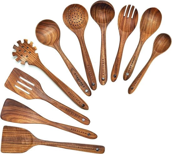Set di Lepelli in Legno da Cucina - 10 Pezzi - Tecnica Teak - Resistenti al Calore - Maniglia Antiscivolo - Facili da Pulire