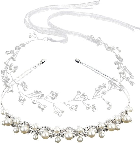 Cintura per Capelli a Fiori per Bambine - 2 Pezzi - Cintura per Bambine - Cintura per Donna - Accessorio per Capelli per Matrimonio - Argento - Pizzo/Strass - Corona di Fiori