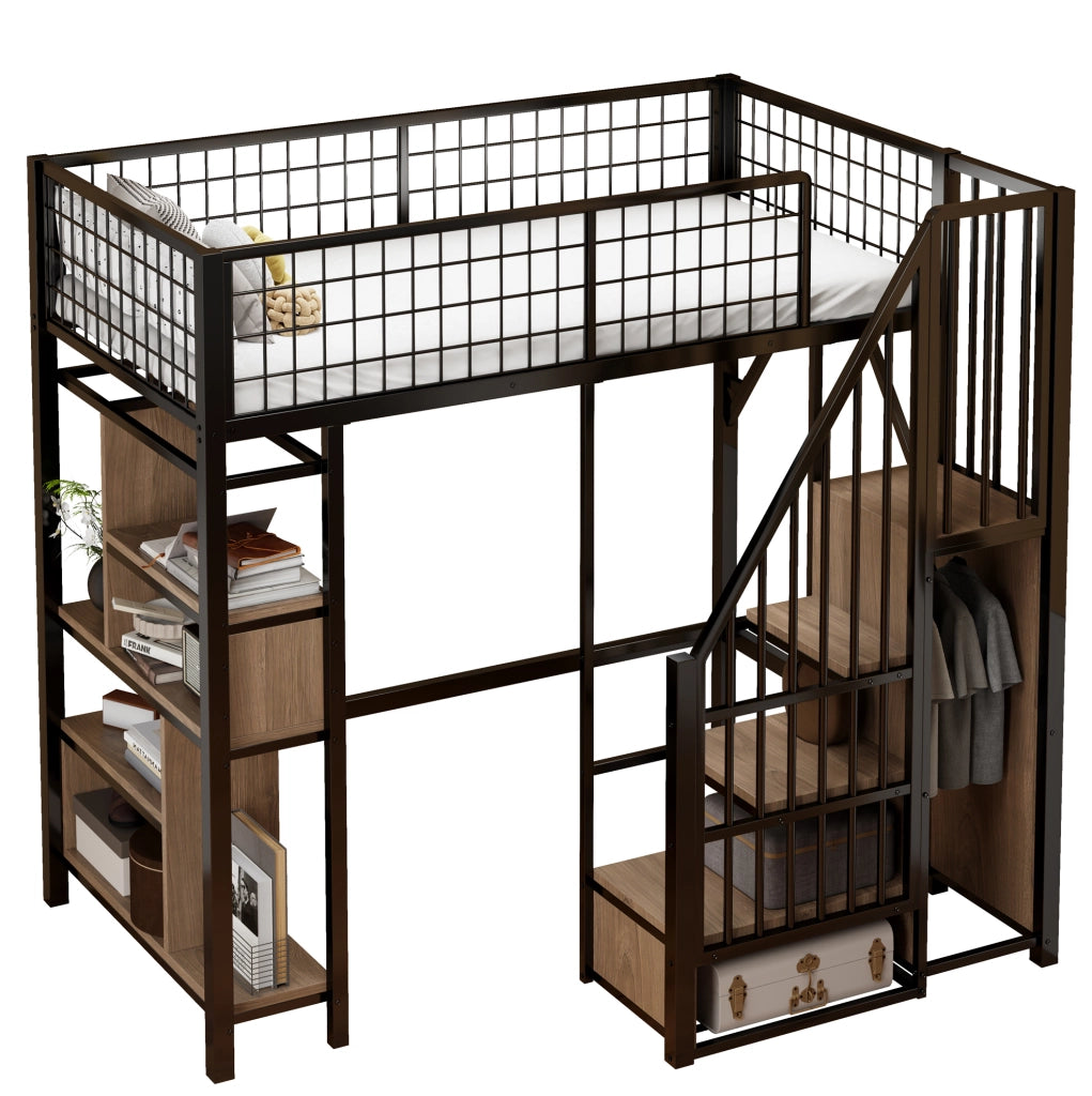Letto a soppalco 90x200 cm con scala contenitore e vani portaoggetti