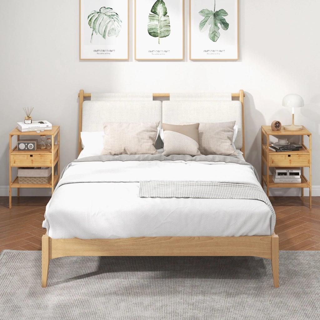 Set di 2 comodini multiuso in bamb¨´ con cassetto portaoggetti e scaffale a doghe-Tavolini moderno a 3 livelli Naturale