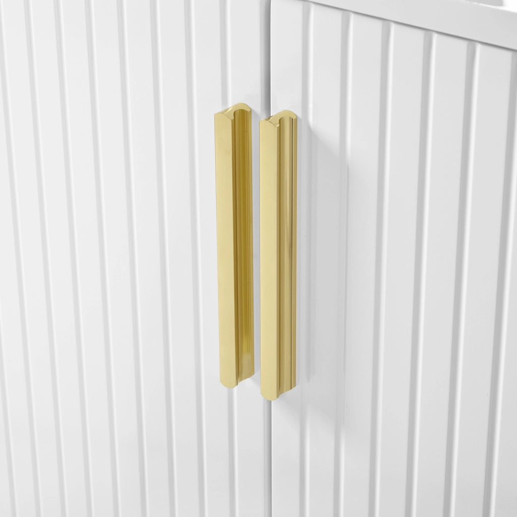 Credenza con 4 Ante; Motivo Geometrico 3D e Piedi in Metallo; Bianco Lucido; in MDF; 140??40??80 cm