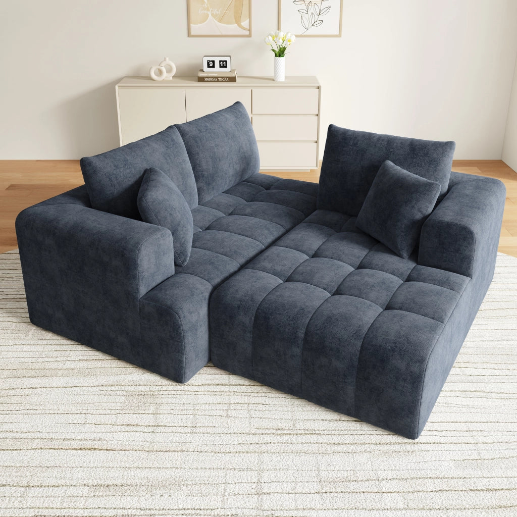 Divano ad angolo modulare senza struttura con design basso e cuscini in chenille blu 244,5 × 136 × 79 cm