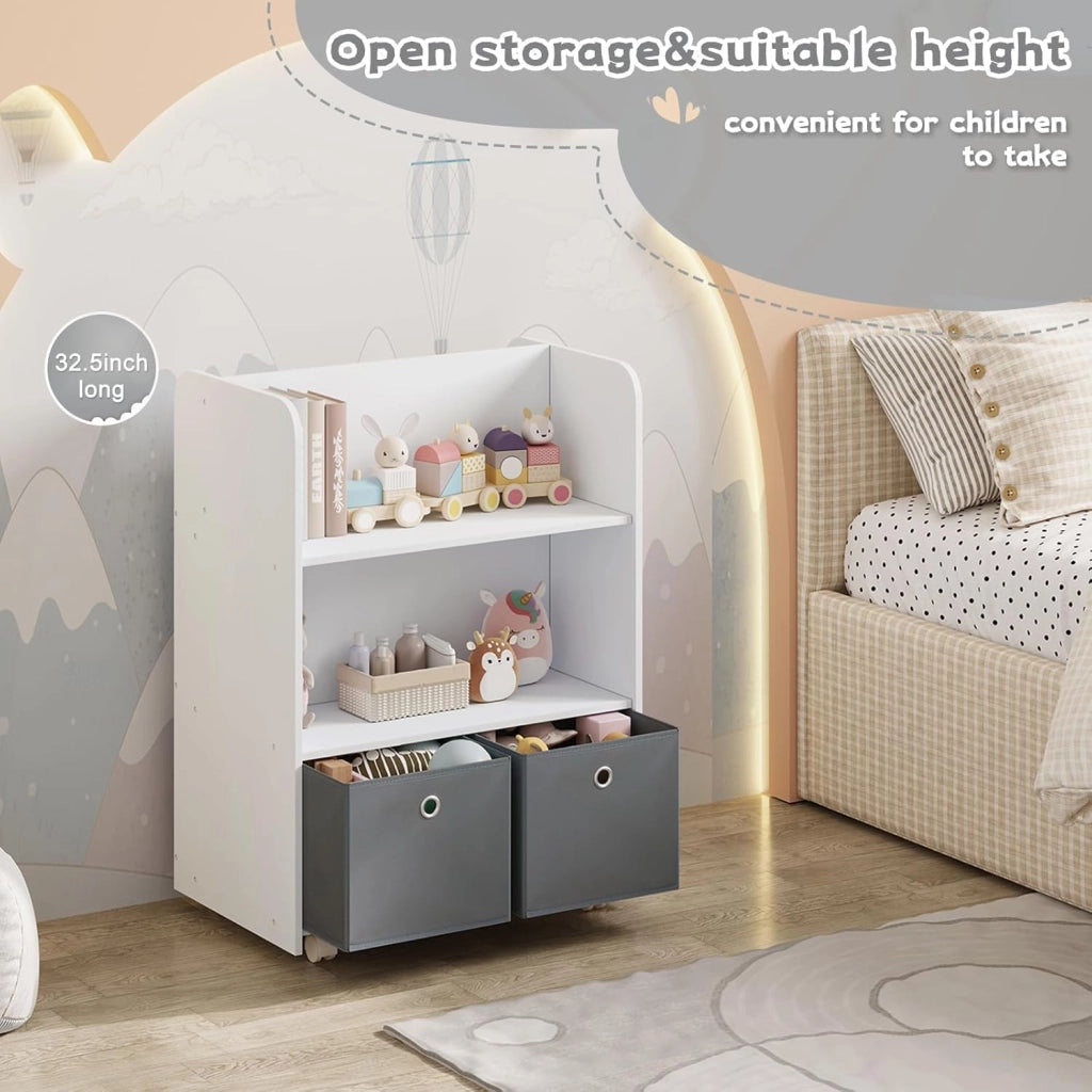 Libreria per Bambini con Ruote 2 in 1, Porta Libri e Giocattoli, Libreria a 3 Ripiani e Portagiochi con Scatole e Scomparti Aperti per Camerette, Asili, in Legno, Bianco, 62,5x40x82,5cm
