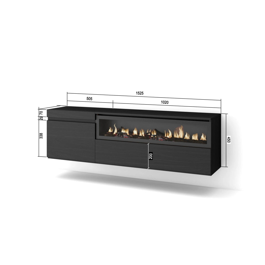 Mobile TV Soggiorno, 150x35x45cm, Per TV fino a 65", Camino elettrico, da appendere, Nero RF2486