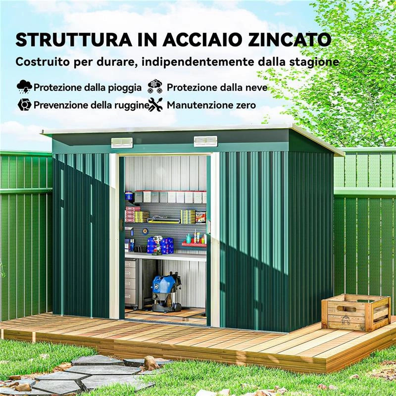 CASETTA DA GIARDINO IN ACCIAIO 272 X 134 CM CON PORTE SCORREVOLI DOPPIE E 2 PRESE D'ARIA, VERDE