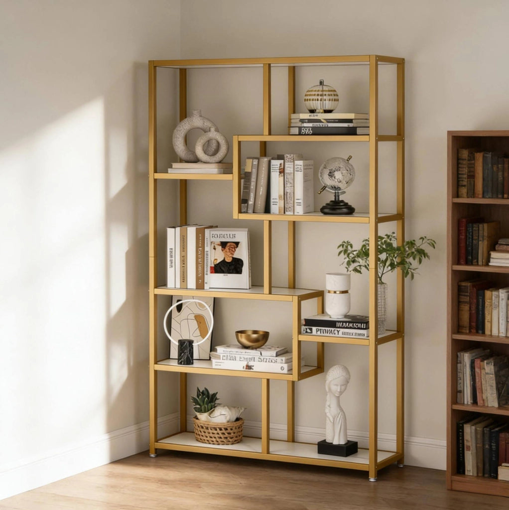Libreria a 8 ripiani 100x20x180 cm bianca e oro, struttura metallica