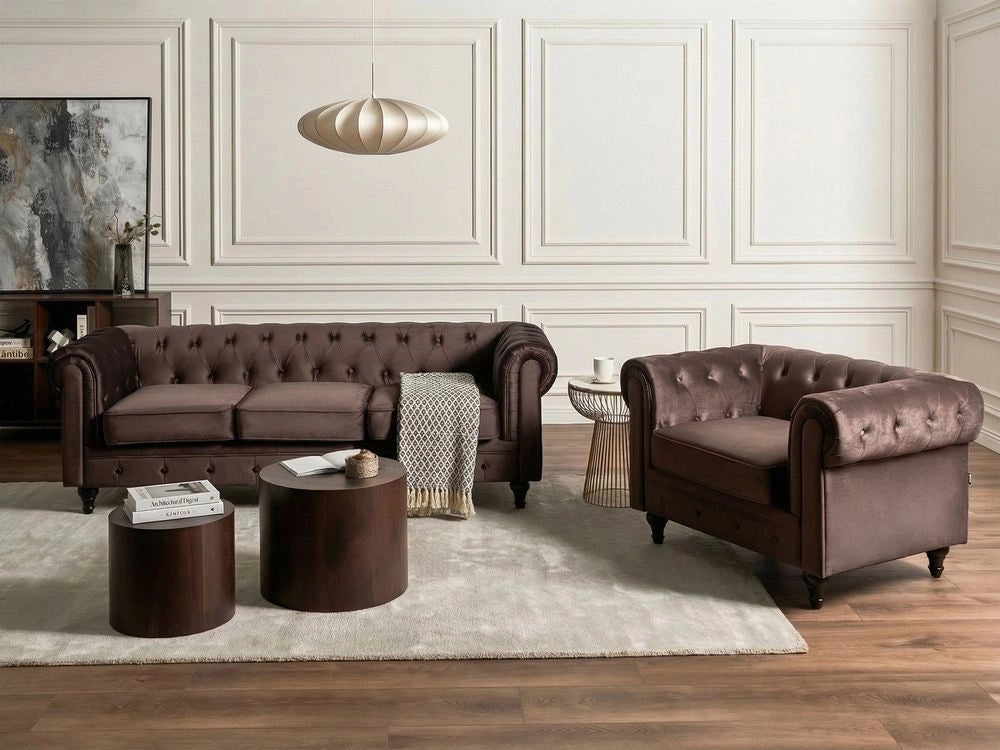 Set soggiorno Chesterfield Rivestimento in velluto marrone scuro Gambe nere Divano a 3 posti + poltrona