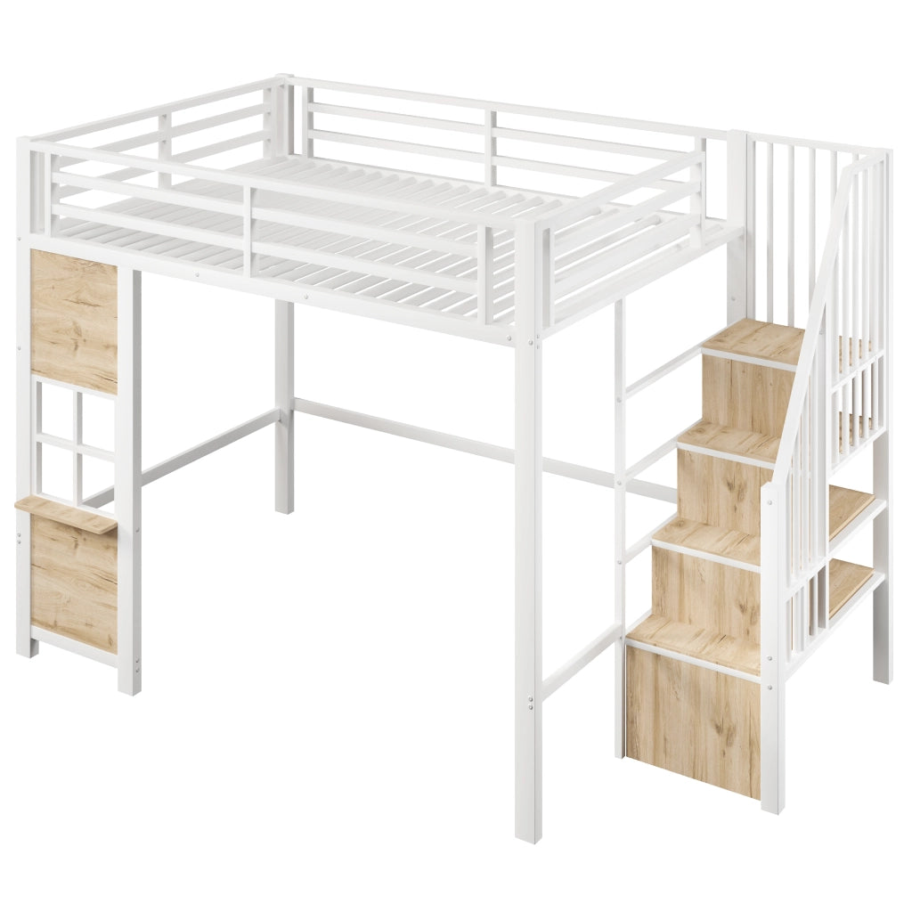 Letto a soppalco 140x200 cm in metallo e MDF bianco con scala contenitore