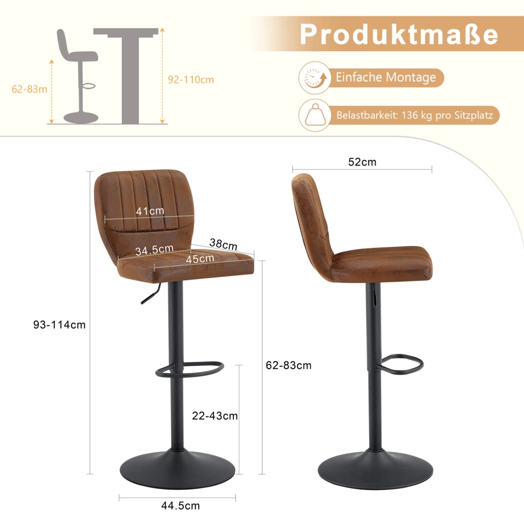 Sgabello da bar regolabile 62-83 cm in PU marrone e nero