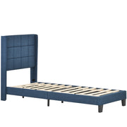 Letto singolo 90×200 cm con testiera imbottita; rete a doghe e materasso incluso; lino blu