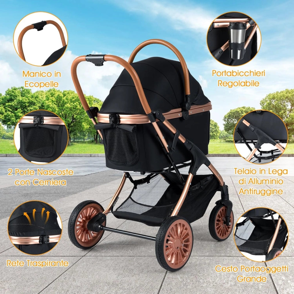 Passeggino Pieghevole per Cani 3 in 1, Carrozzino per Animali con Portapacchi Rimovibile, Tettuccio, Cuscino Rimovibile, Cintura di Sicurezza, Cestino e Portabicchiere, Portata 25 kg