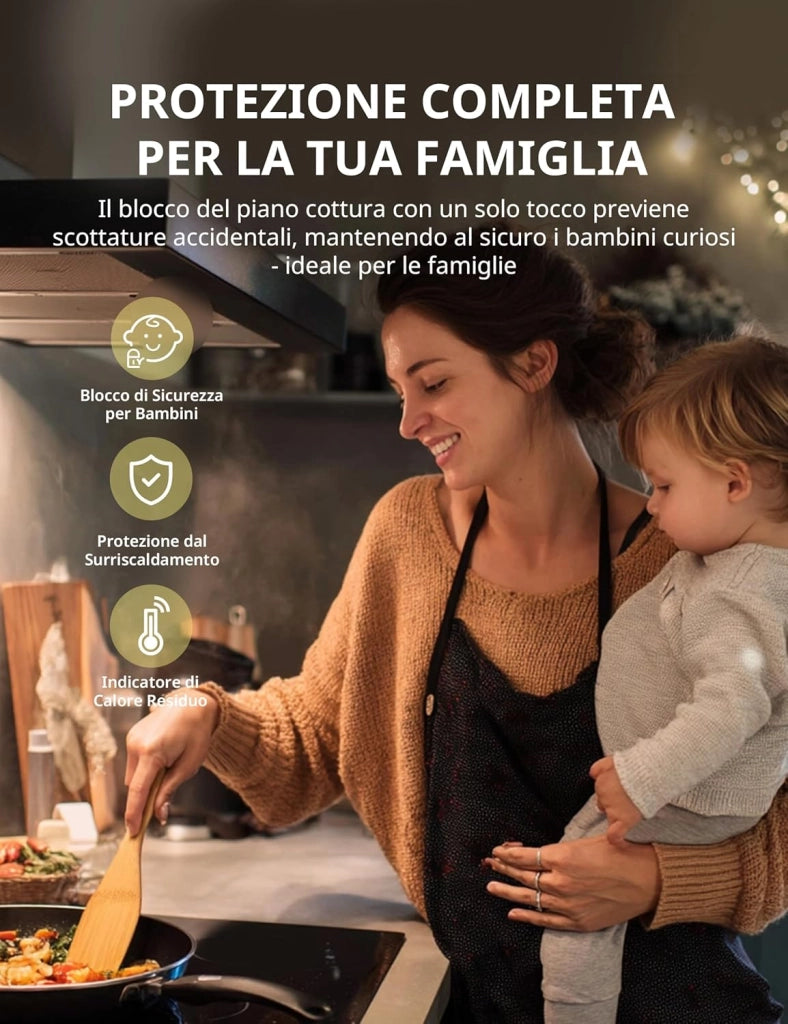 Comfee' cih351d215k1 piano cottura ad induzione con 2 zone flessibili, 9 livelli di potenza con funzione boost, superficie di cottura 20% maggiore, blocco bambino, controllo a tocco