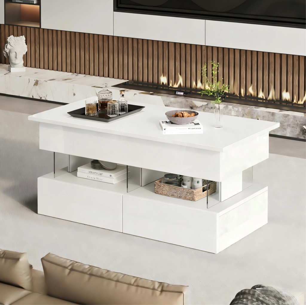 Tavolino elevabile 100 x 50 x 46 cm MDF bianco, vano nascosto, LED, 2 cassetti