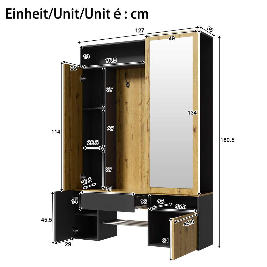 Guardaroba in MDF con specchio, scarpiera, mobile ingresso, appendiabiti con asta e ganci