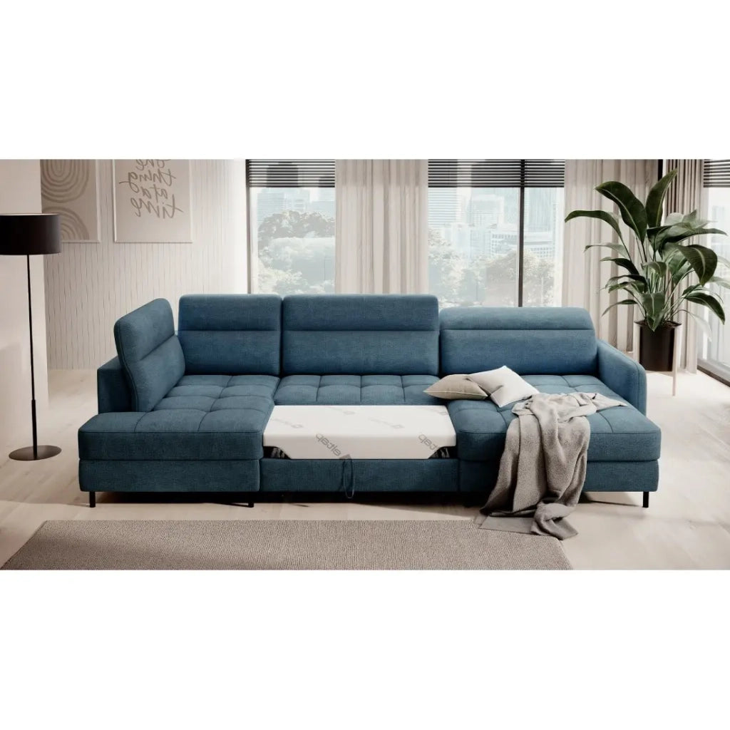Canapé d'angle convertible BERTHO 306 cm bleu canard chenillé – Angle droit avec coffre